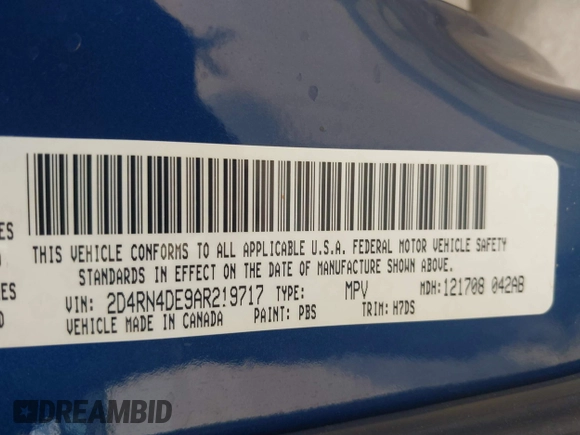 2010 Dodge Grand Caravan SE with VIN 2D4RN4DE9AR219717, listed as a IAAI auction lot 41880337 with 180,666 mi miles and . Bid and sale history available at DreamBid. Image 9.