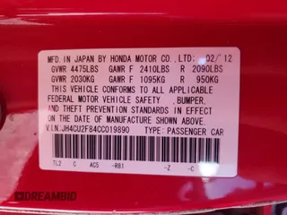 2012 Acura TSX Special Edition with VIN JH4CU2F84CC019890, listed as a Copart auction lot 49109235 with 119,655 mi miles and Salvage title. Bid and sale history available at DreamBid. Image 12.