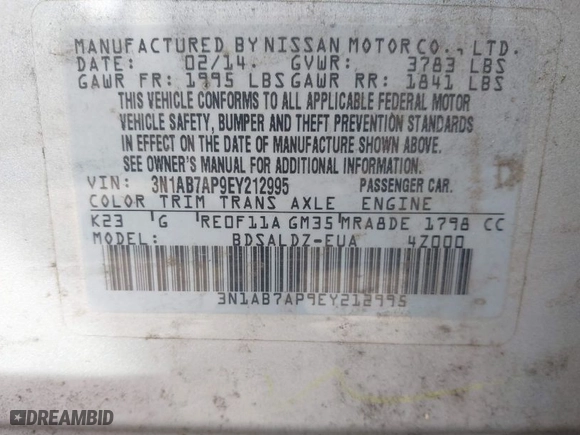 2014 Nissan Sentra SV with VIN 3N1AB7AP9EY212995, listed as a IAAI auction lot 42087523 with 141,811 mi miles. Bid and sale history available at carsss.com. Image 9.