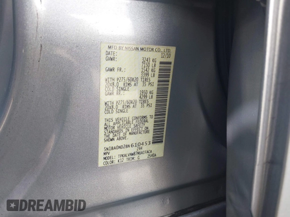 2011 Nissan Armada SV with VIN 5N1BA0ND2BN610453, listed as a IAAI auction lot 41647008 with 163,236 mi miles and . Bid and sale history available at DreamBid. Image 9.