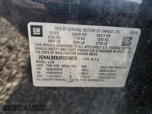 2015 Chevrolet Equinox LTZ with VIN 2GNALDEK0F6319676, listed as a Copart auction lot 52823615 with 166,455 mi miles and Clean Title. Bid and sale history available at carsss.com. Image 13.