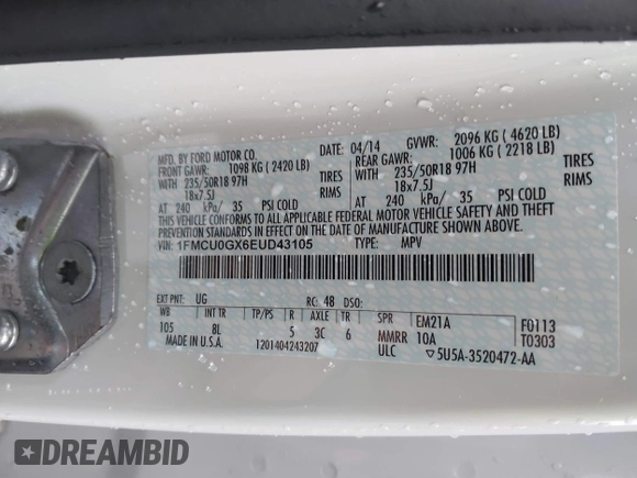 2014 Ford Escape SE with VIN 1FMCU0GX6EUD43105, listed as a IAAI auction lot 41728686 with 95,729 mi miles. Bid and sale history available at carsss.com. Image 9.