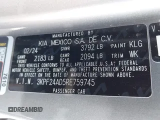 2024 Kia Forte LXS z VIN 3KPF24AD5RE759745, wystawiony jako IAAI lot #42101425 z przebiegiem 13 165 mil mil oraz . Historia ofert i sprzedaży dostępna na DreamBid. Obrazek 9.