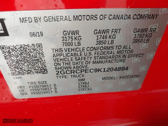 2019 Chevrolet Silverado 1500 LD LT with VIN 2GCRCPEC9K1204894, listed as a IAAI auction lot 41065628 with 125,721 mi miles. Bid and sale history available at carsss.com. Image 9.