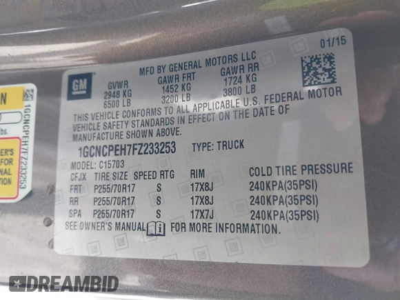 2015 Chevrolet Silverado 1500 Work Truck with VIN 1GCNCPEH7FZ233253, listed as a IAAI auction lot 41544405 with 139,708 mi miles and . Bid and sale history available at DreamBid. Image 9.