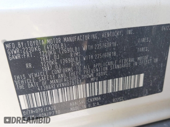 2022 Toyota RAV4 Hybrid XLE Premium z VIN 4T3B6RFVXNU079761, wystawiony jako IAAI lot #42395817 z przebiegiem 73 830 mil mil oraz . Historia ofert i sprzedaży dostępna na DreamBid. Obrazek 9.