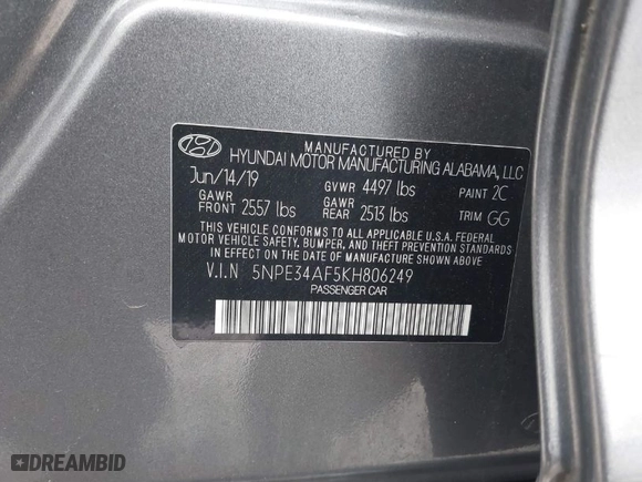 2019 Hyundai Sonata Sport with VIN 5NPE34AF5KH806249, listed as a IAAI auction lot 41567922 with 27,649 mi miles. Bid and sale history available at carsss.com. Image 9.