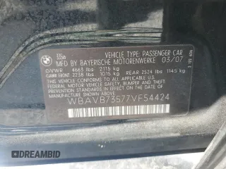 2007 BMW 3 Series 335i with VIN WBAVB73577VF54424, listed as a Copart auction lot 49334785 with 149,595 mi miles and Salvage title. Bid and sale history available at DreamBid. Image 12.