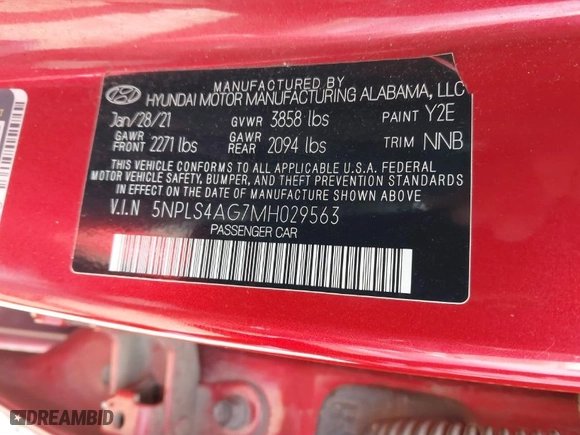 2021 Hyundai Elantra SEL with VIN 5NPLS4AG7MH029563, listed as a IAAI auction lot 41198966 with 119,184 mi miles. Bid and sale history available at carsss.com. Image 9.