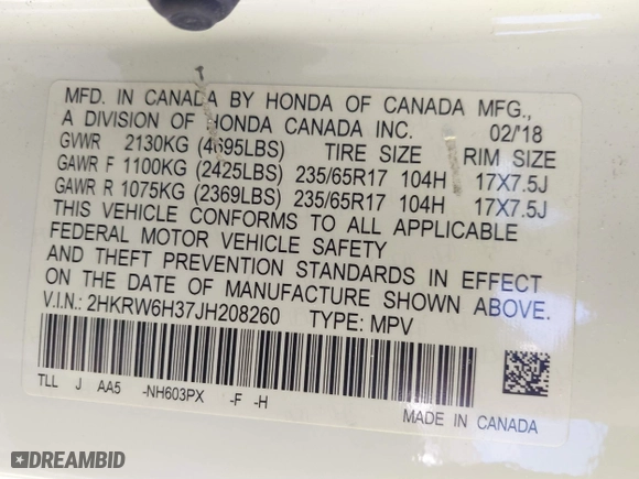 2018 Honda CR-V LX with VIN 2HKRW6H37JH208260, listed as a IAAI auction lot 41498130 with 156,966 mi miles. Bid and sale history available at carsss.com. Image 9.