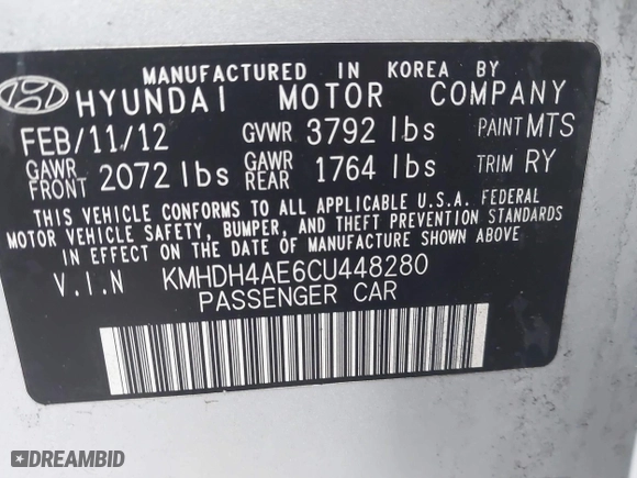 2012 Hyundai Elantra GLS with VIN KMHDH4AE6CU448280, listed as a IAAI auction lot 41548514 with 211,089 mi miles. Bid and sale history available at carsss.com. Image 9.