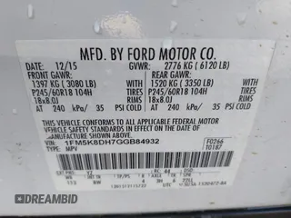 2016 Ford Explorer XLT with VIN 1FM5K8DH7GGB84932, listed as a IAAI auction lot 41748978 with 147,608 mi miles and . Bid and sale history available at carsss.com. Image 9.
