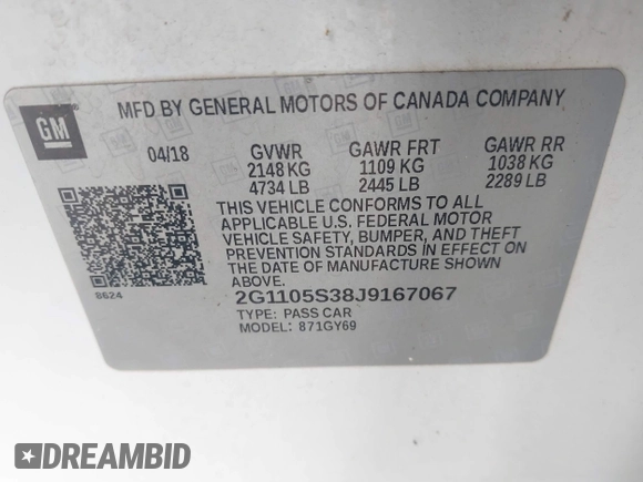 2018 Chevrolet Impala LT z VIN 2G1105S38J9167067, wystawiony jako IAAI lot #42284636 z przebiegiem 99 824 mil mil oraz . Historia ofert i sprzedaży dostępna na DreamBid. Obrazek 9.