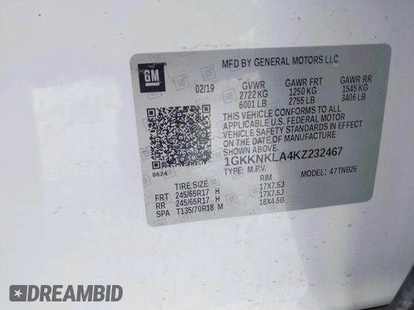 2019 GMC Acadia SLE with VIN 1GKKNKLA4KZ232467, listed as a IAAI auction lot 41611939 with 65,218 mi miles. Bid and sale history available at carsss.com. Image 9.