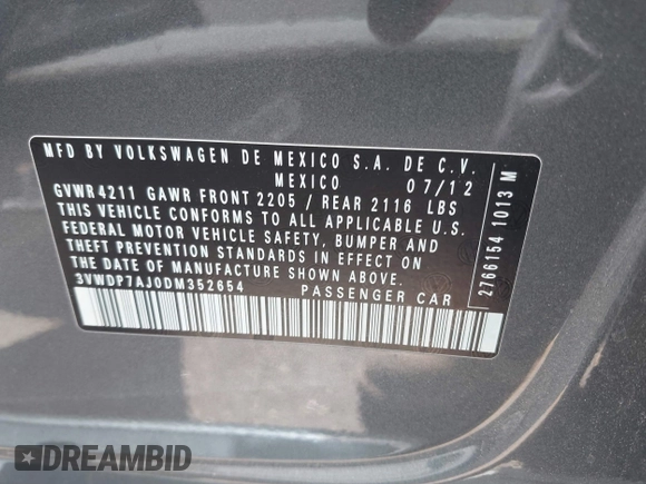 2013 Volkswagen Jetta SE with VIN 3VWDP7AJ0DM352654, listed as a IAAI auction lot 42552411 with 84,145 mi miles and . Bid and sale history available at DreamBid. Image 9.