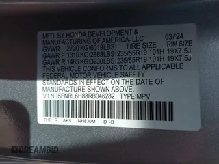 2024 Honda Odyssey Touring с VIN 5FNRL6H88RB046282, выставлен на аукционе IAAI как лот 42223669 с пробегом Не указан миль и . История ставок и продаж доступна на DreamBid. Изображение 9.