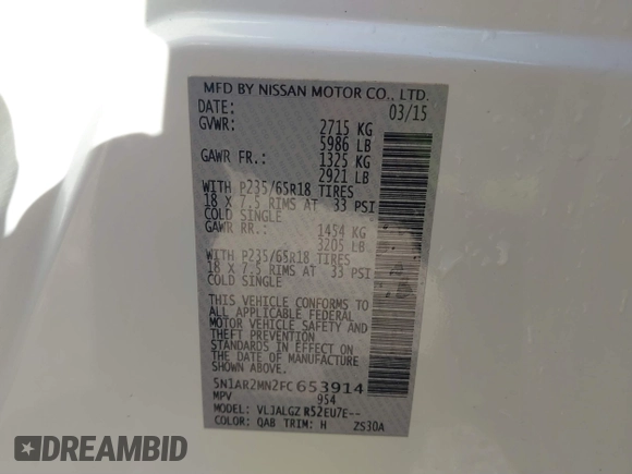 2015 Nissan Pathfinder SV with VIN 5N1AR2MN2FC653914, listed as a IAAI auction lot 41681182 with 64,254 mi miles and . Bid and sale history available at DreamBid. Image 9.