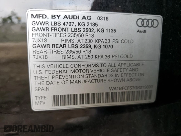 2016 Audi Q3 Premium Plus with VIN WA1BFCFS7GR019890, listed as a Copart auction lot 73400682 with 61,397 mi miles. Bid and sale history available at carsss.com. Image 13.