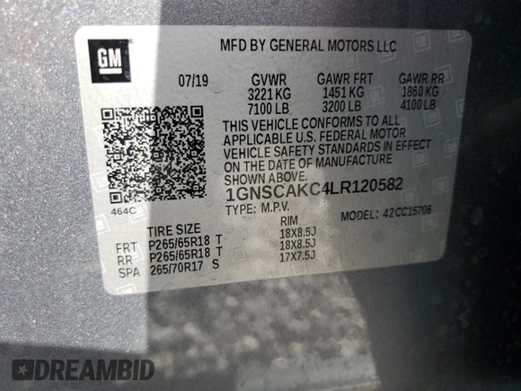 2020 Chevrolet Tahoe LS with VIN 1GNSCAKC4LR120582, listed as a Copart auction lot 45857205 with Not provided miles and Non repairable. Bid and sale history available at DreamBid. Image 13.