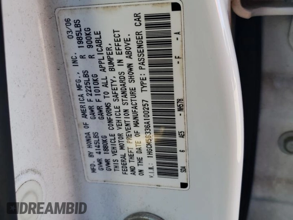 2006 Honda Accord LX SE z VIN 1HGCM56336A100257, wystawiony jako Copart lot #41187684 z przebiegiem 197 381 mil mil oraz Czysty tytuł • Clean title. Historia ofert i sprzedaży dostępna na DreamBid. Obrazek 12.