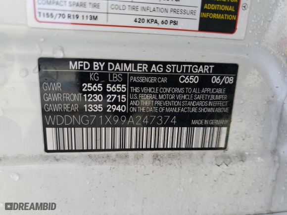 2009 Mercedes-Benz S-Class 5.5L V8 with VIN WDDNG71X99A247374, listed as a Copart auction lot 45904905 with 149,237 mi miles and Salvage Title. Bid and sale history available at carsss.com. Image 12.