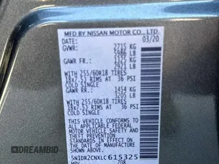2020 Nissan Pathfinder SL with VIN 5N1DR2CNXLC615325, listed as a Copart auction lot 62033345 with 50,807 mi miles and Salvage title. Bid and sale history available at DreamBid. Image 10.