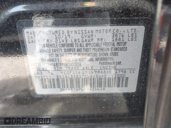 2019 Nissan Sentra S z VIN 3N1AB7AP6KY431618, wystawiony jako IAAI lot #42168154 z przebiegiem 117 492 mil mil oraz . Historia ofert i sprzedaży dostępna na DreamBid. Obrazek 9.