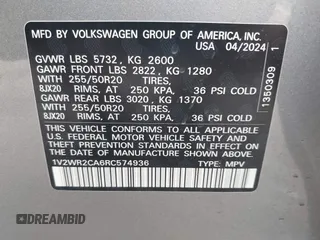 2024 Volkswagen Atlas SE with VIN 1V2WR2CA6RC574936, listed as a IAAI auction lot 42257308 with 23,370 mi miles and . Bid and sale history available at DreamBid. Image 9.