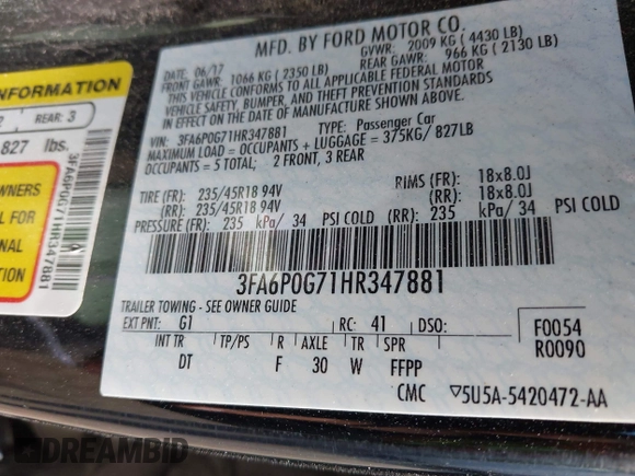 2017 Ford Fusion S with VIN 3FA6P0G71HR347881, listed as a IAAI auction lot 41911834 with 173,508 mi miles. Bid and sale history available at carsss.com. Image 9.