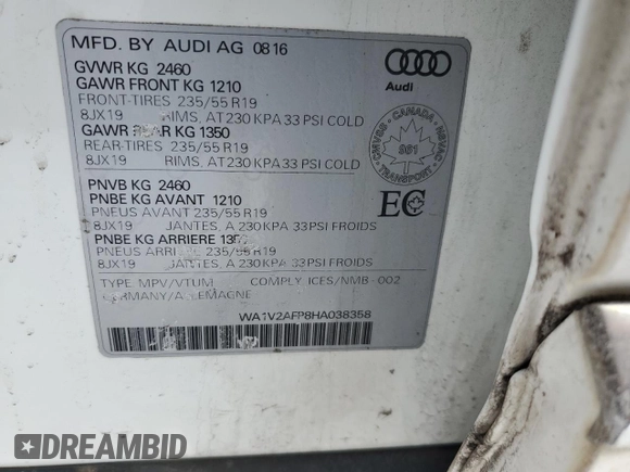 2017 Audi Q5 с VIN WA1V2AFP8HA038358, выставлен на аукционе Copart как лот 43682885 с пробегом 123 757 миль миль и Списание • Salvage title. История ставок и продаж доступна на DreamBid. Изображение 13.