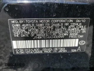 2010 Lexus ES 330 with VIN JTHBK1EG4A2400999, listed as a Copart auction lot 47925445 with 270,954 mi miles and Salvage Title. Bid and sale history available at DreamBid. Image 14.