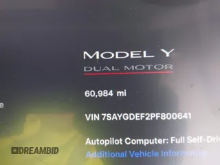 2023 Tesla Model Y Performance with VIN 7SAYGDEF2PF800641, listed as a IAAI auction lot 41612596 with 60,984 mi miles and . Bid and sale history available at DreamBid. Image 15.