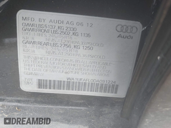 2013 Audi allroad A4 Premium Plus z VIN WA1UFAFL0DA091224, wystawiony jako IAAI lot #41679816 z przebiegiem 105 601 mil mil oraz . Historia ofert i sprzedaży dostępna na DreamBid. Obrazek 9.