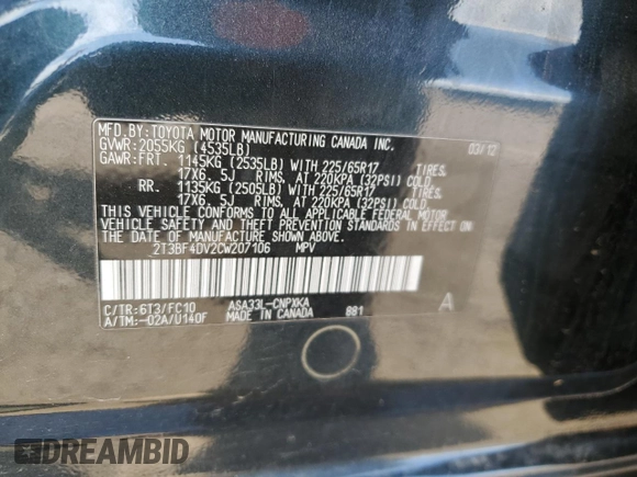 2012 Toyota RAV4 с VIN 2T3BF4DV2CW207106, выставлен на аукционе Copart как лот 64365605 с пробегом 178 429 миль миль и Списание • Salvage title. История ставок и продаж доступна на DreamBid. Изображение 13.