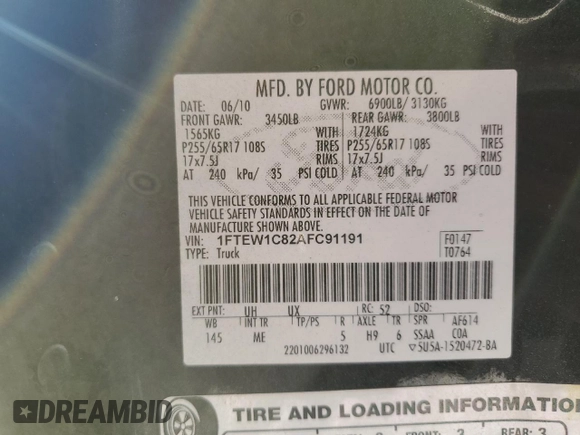 2010 Ford F-150 XL with VIN 1FTEW1C82AFC91191, listed as a Copart auction lot 88750805 with 253,255 mi miles and Salvage Title. Bid and sale history available at carsss.com. Image 12.