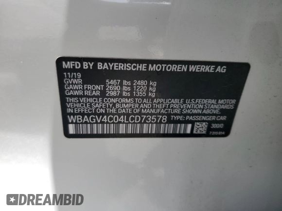 2020 BMW 8 Series 840i with VIN WBAGV4C04LCD73578, listed as a Copart auction lot 52693374 with Not provided miles and . Bid and sale history available at DreamBid. Image 12.