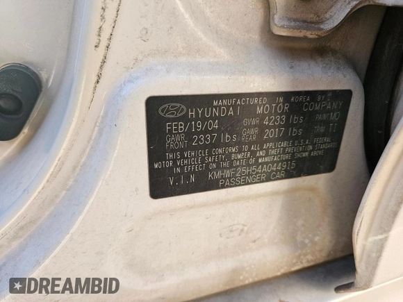 2004 Hyundai Sonata with VIN KMHWF25H54A044915, listed as a Copart auction lot 42796205 with 191,708 mi miles and Clean Title. Bid and sale history available at carsss.com. Image 10.