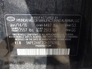2016 Hyundai Sonata 2.4L with VIN 5NPE24AF2GH379283, listed as a IAAI auction lot 42107518 with 263,990 mi miles and . Bid and sale history available at carsss.com. Image 9.