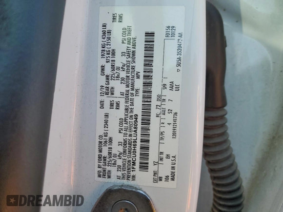 2020 Ford Escape SEL with VIN 1FMCU0H69LUA80949, listed as a Copart auction lot 60462985 with 82,144 mi miles and Salvage title. Bid and sale history available at DreamBid. Image 12.