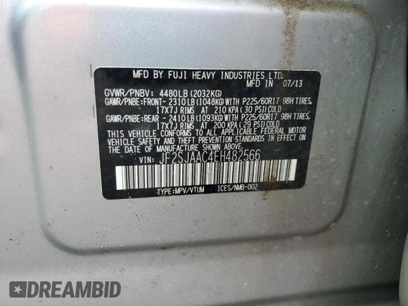 2014 Subaru Forester 2.5i with VIN JF2SJAAC4EH482566, listed as a Copart auction lot 51013265 with 123,854 mi miles and Salvage Title. Bid and sale history available at DreamBid. Image 13.