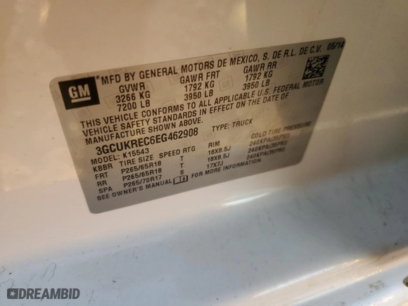 2014 Chevrolet Silverado 1500 LT with VIN 3GCUKREC6EG462908, listed as a Copart auction lot 86733234 with 0 mi miles and Salvage Title. Bid and sale history available at carsss.com. Image 14.
