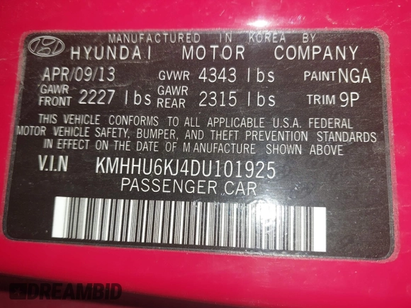 2013 Hyundai Genesis Coupe R-Spec with VIN KMHHU6KJ4DU101925, listed as a IAAI auction lot 41190063 with 86,077 mi miles and . Bid and sale history available at DreamBid. Image 9.