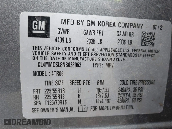 2022 Buick Encore GX Preferred with VIN KL4MMCSL8NB038063, listed as a IAAI auction lot 42194445 with 22,512 mi miles and . Bid and sale history available at DreamBid. Image 9.