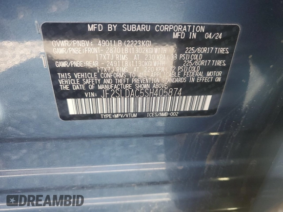 2025 Subaru Forester z VIN JF2SLDAC5SH405874, wystawiony jako Copart lot #52766555 z przebiegiem Nie podano mil oraz Szkoda całkowita • Salvage title. Historia ofert i sprzedaży dostępna na DreamBid. Obrazek 12.