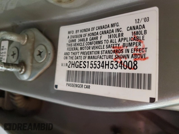 2004 Honda Civic LX with VIN 2HGES15534H534008, listed as a Copart auction lot 45570955 with 209,480 mi miles and Salvage Title. Bid and sale history available at DreamBid. Image 12.