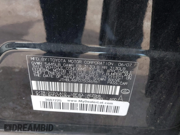 2007 Lexus LS 460 z VIN JTHBL46F075046961, wystawiony jako IAAI lot #42240797 z przebiegiem 293 446 mil mil oraz . Historia ofert i sprzedaży dostępna na DreamBid. Obrazek 9.