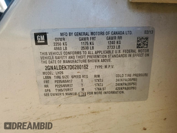 2013 Chevrolet Equinox LT with VIN 2GNALDEK7D6280162, listed as a Copart auction lot 42827125 with 178,213 mi miles and Salvage Title. Bid and sale history available at DreamBid. Image 14.