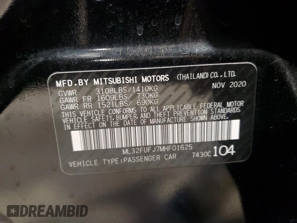 2021 Mitsubishi Mirage ES with VIN ML32FUFJ7MHF01625, listed as a Copart auction lot 49627245 with Not provided miles and Salvage title. Bid and sale history available at DreamBid. Image 14.