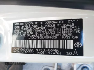 2018 Toyota Prius One with VIN JTDKDTB35J1599608, listed as a IAAI auction lot 42041924 with 89,156 mi miles and . Bid and sale history available at DreamBid. Image 9.