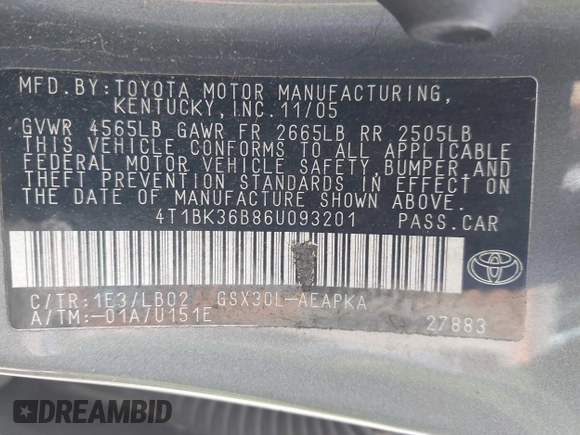 2006 Toyota Avalon XL with VIN 4T1BK36B86U093201, listed as a IAAI auction lot 42155033 with 264,958 mi miles. Bid and sale history available at carsss.com. Image 9.